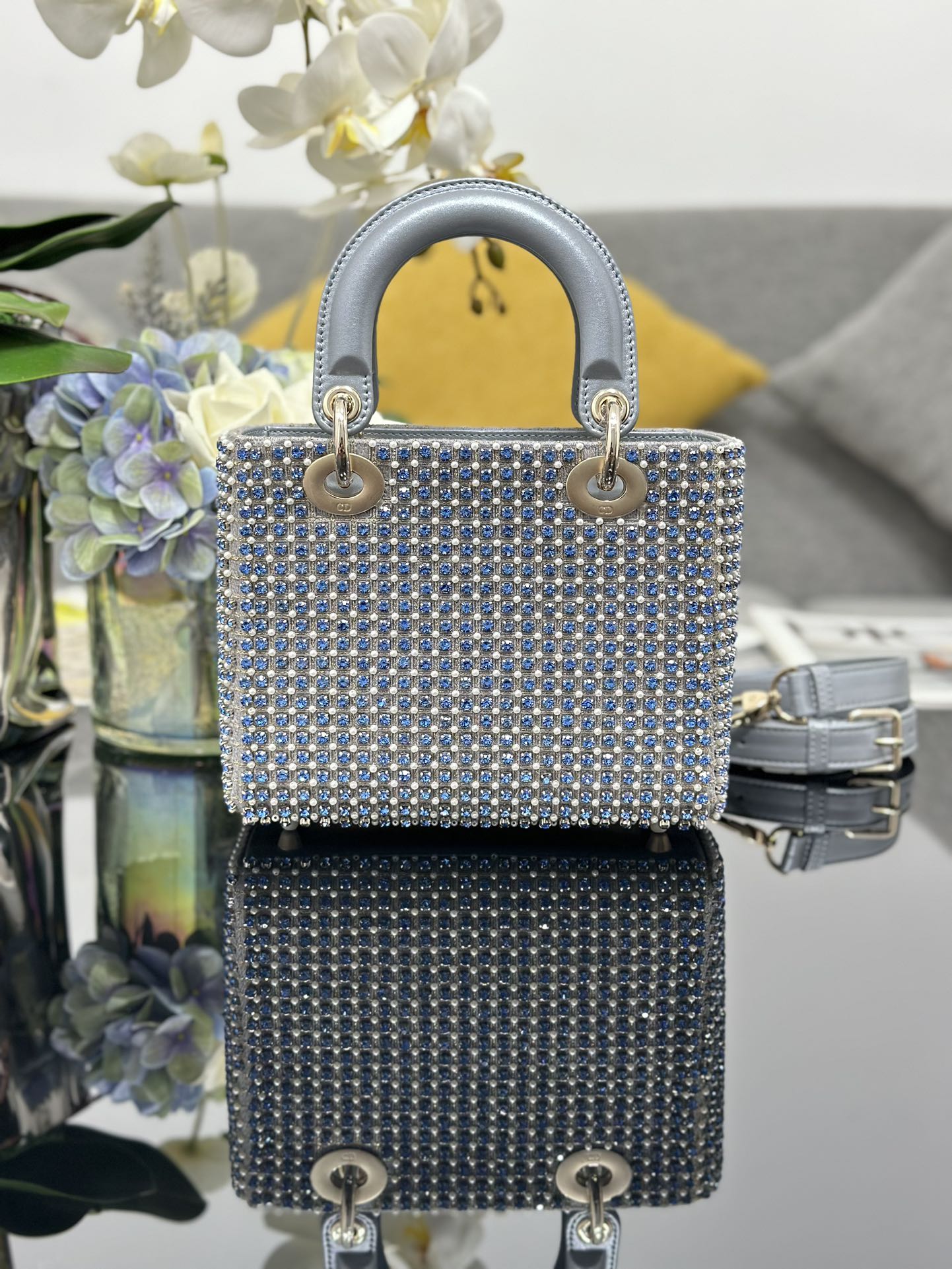 Small Lady Dior Bag Gray Satin Embroidered with Blue Diamond